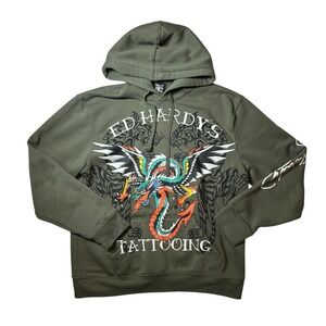 Ed‎ Hardy Dragon Tiger Tattoing Sweatshirt Hoodie Green Men's Large